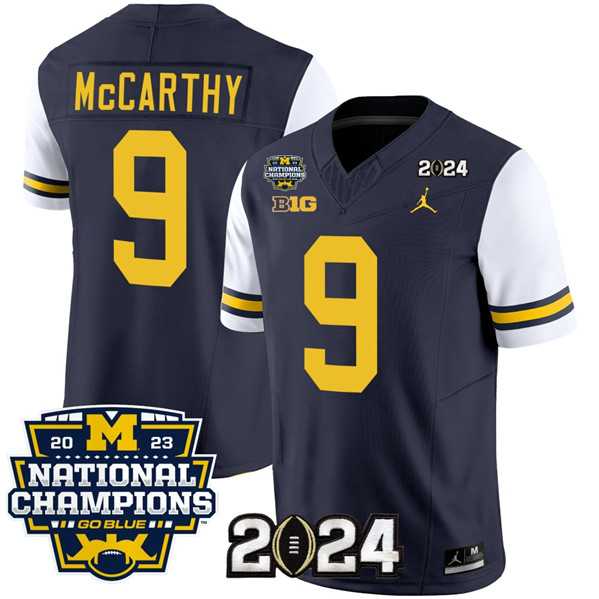 Men%27s Michigan Wolverines #9 J.J. McCarthy Navy White 2024 F.U.S.E. With 2023 National Champions Patch Stitched Jersey